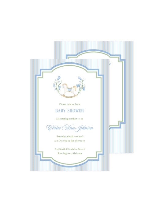 Baby Boy Blue Rocking horse Baby Shower Invite