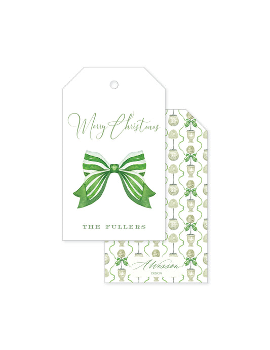 Olive Topiary Stripe Bow Tag